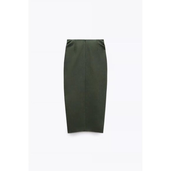 Green Zara High-Waist Linen Blend Pleated Ruched Slit-Front Midi Skirt - Picture 4 of 5